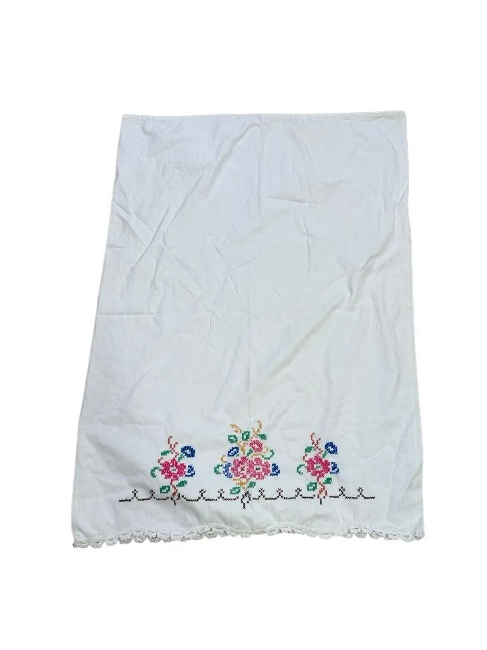 70s Vintage White Floral Embroidered Standard Pillowcase